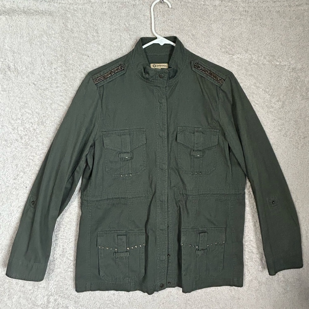 Democracy Womens Jacket Utility Military Studded Army Green Roll Tab Sleeve M